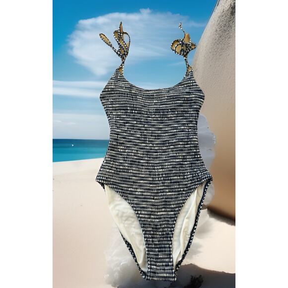 Striped Pinup Seersucker Swimsuit Nautical One Piece Preppy Slimming SPERRY Med - Picture 3 of 11